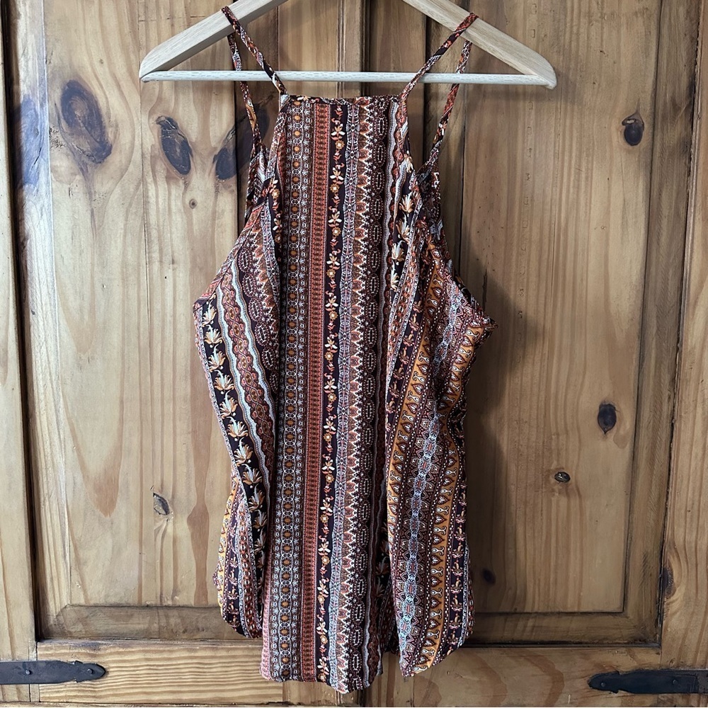Wrap Around V Neck Racerback Tank Top Bohemian Brown Orange Black White XL - Picture 6 of 7